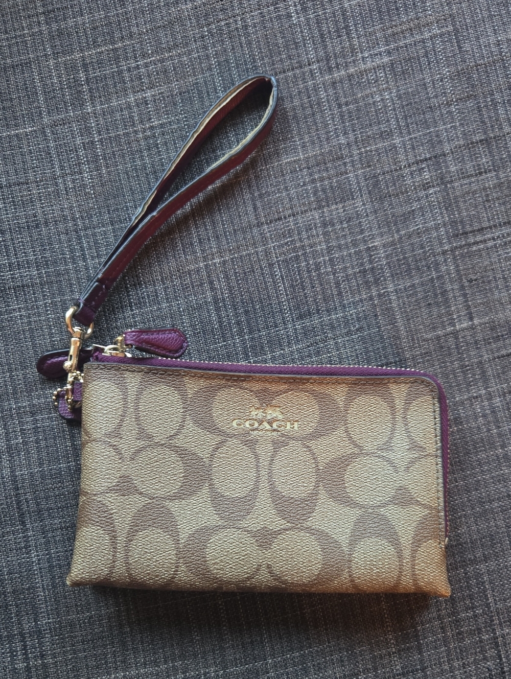 Coach Signature Canvas Double Zip Wristlet in Brown with Purple Trim